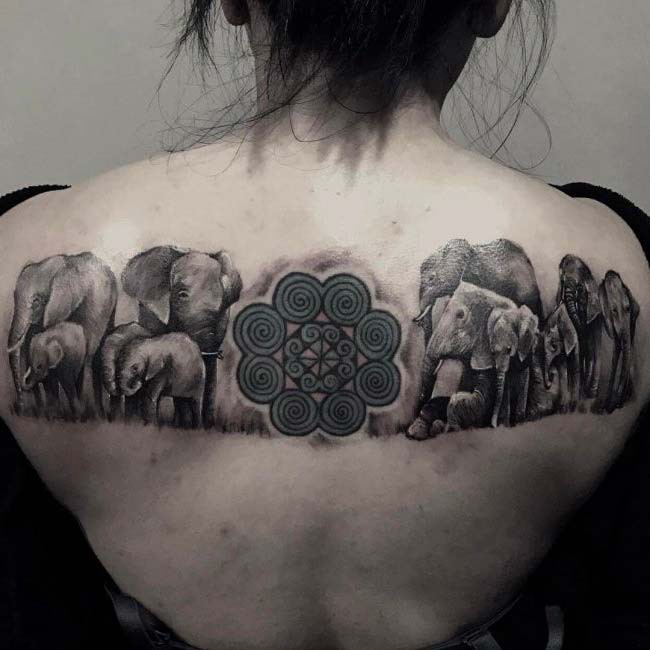 female back mandala elephant tattoo