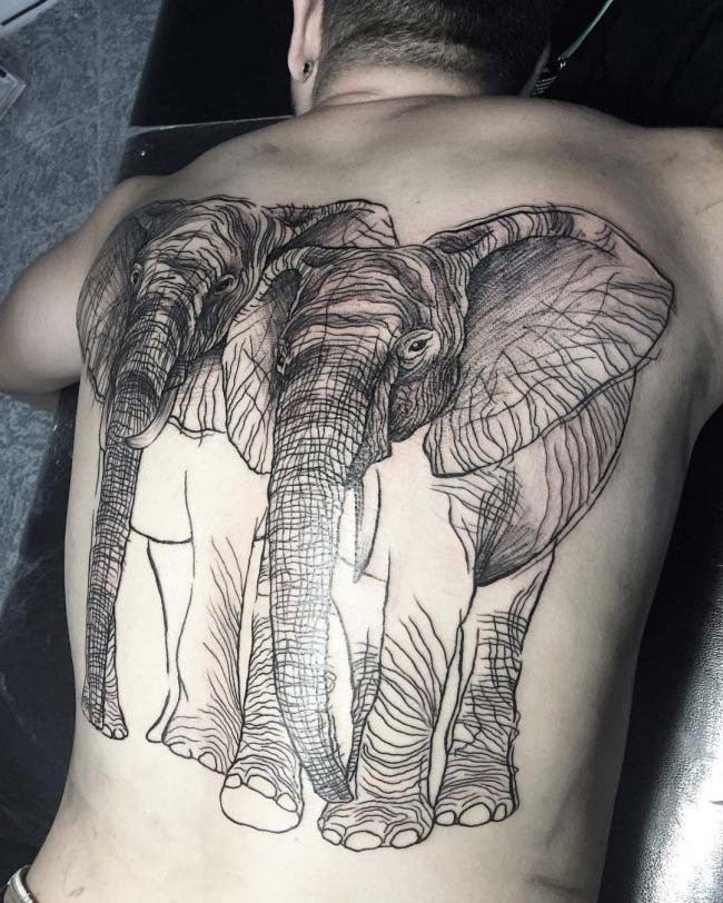 black pencil elephant drawing back tattoo