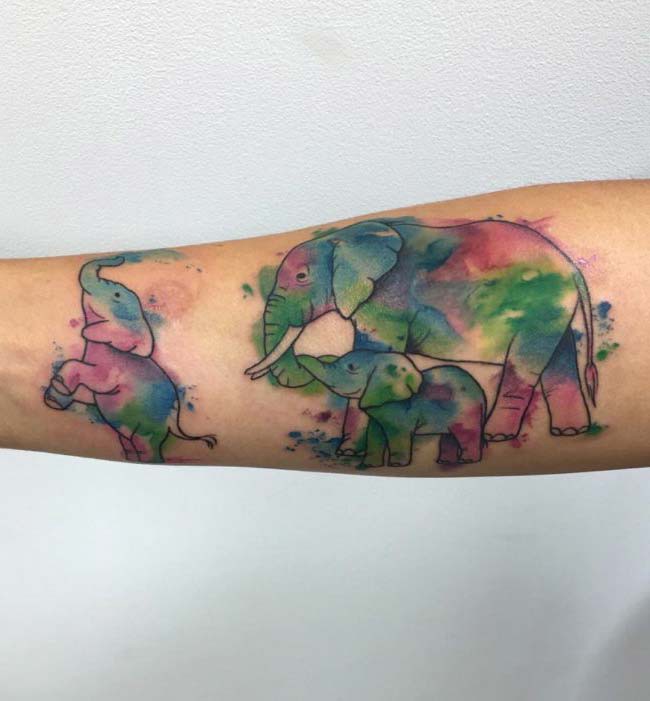 colorful family elephant tattoo