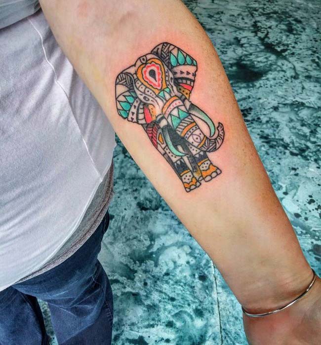colorful mandala elephant tattoo