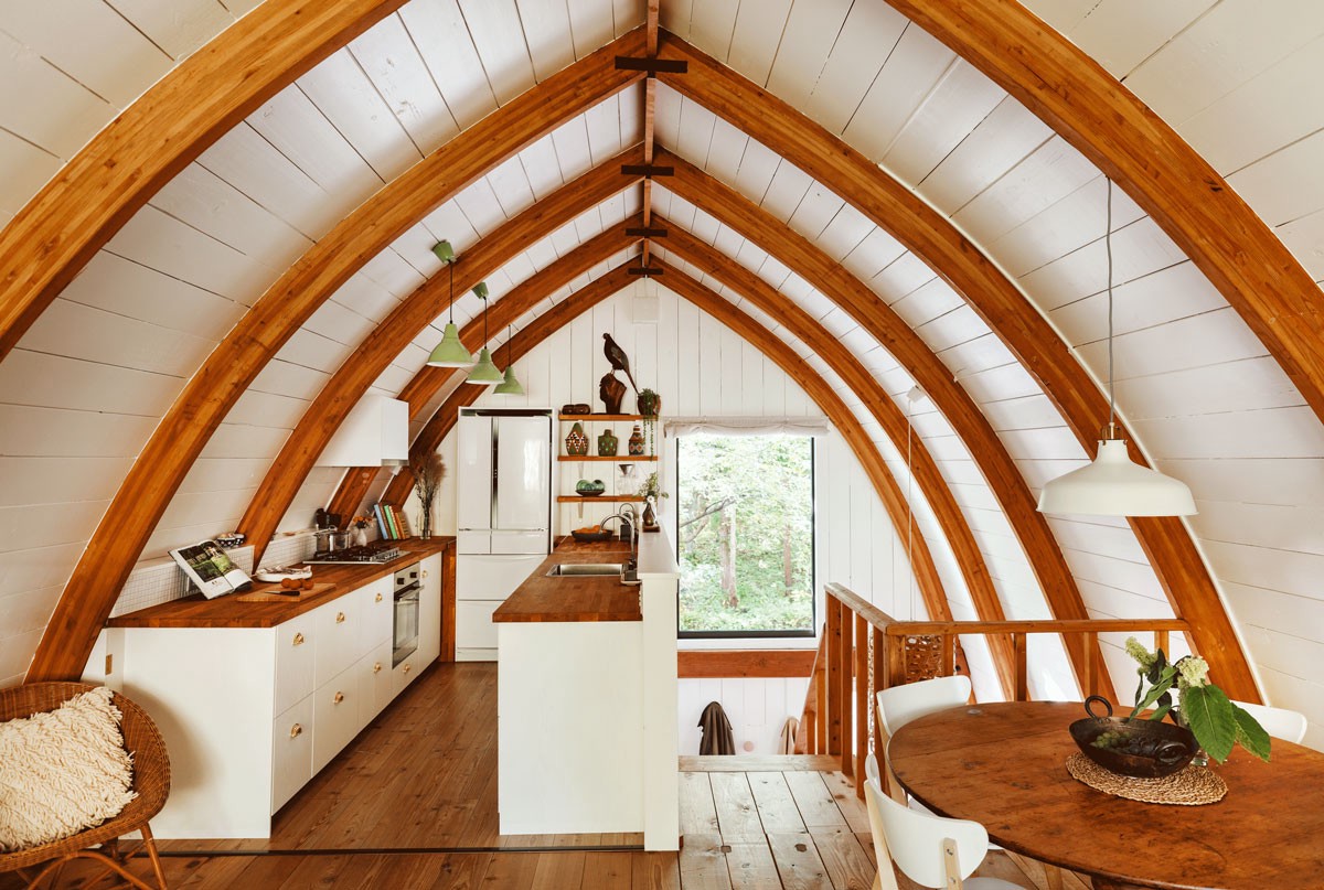 The interior of an A-frame house in Japan.
