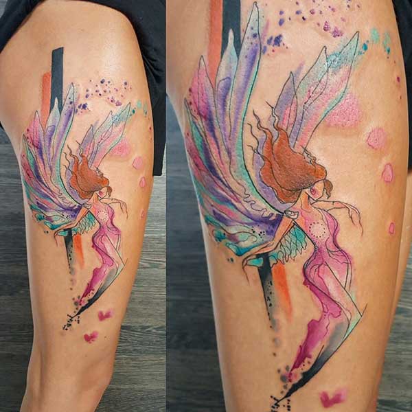 colorful angel tattoo leg