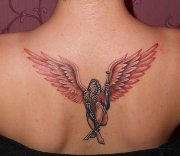 woman back angel tattoo