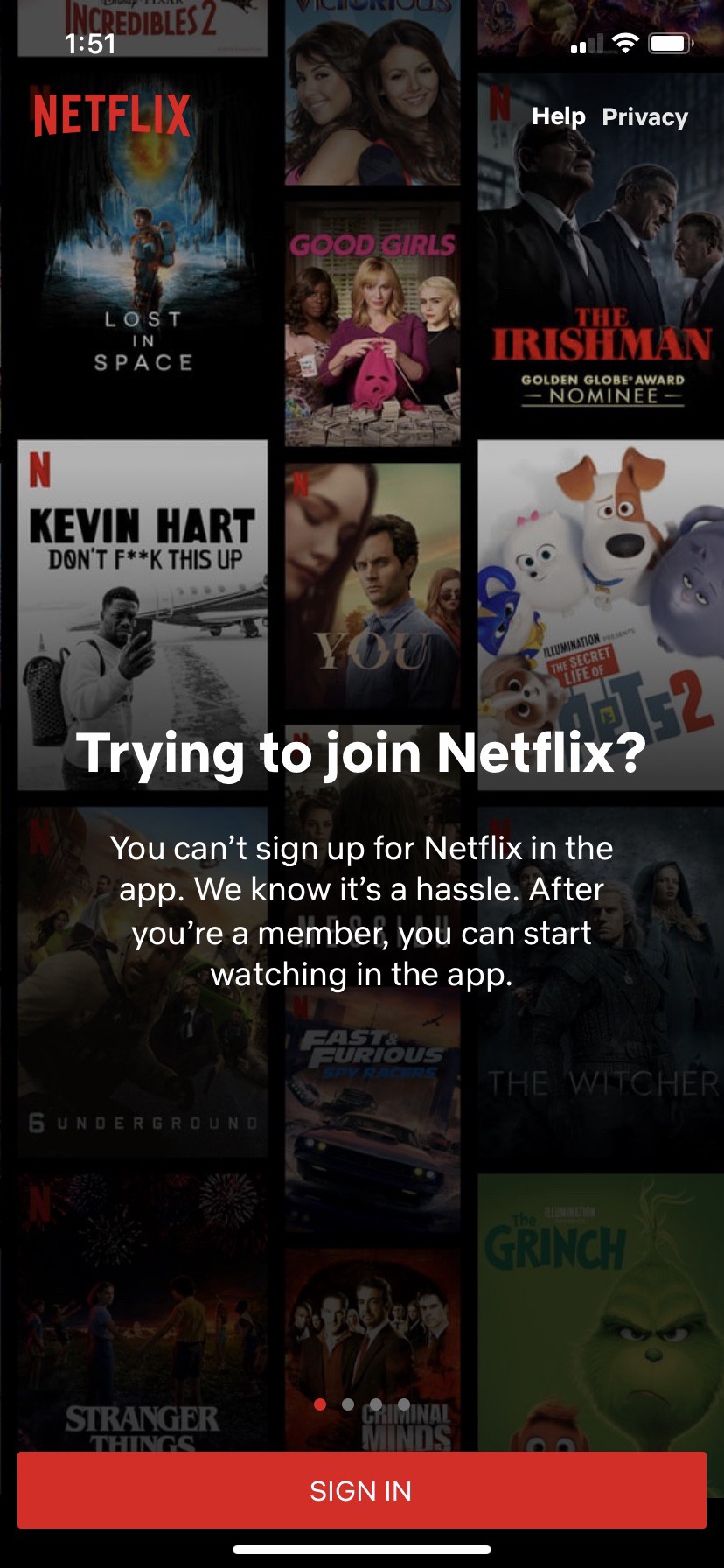 A screenshot of Netflix?s sign-up screen. It says ?Trying to join Netflix? You can?t sign up for Netflix in the app.?