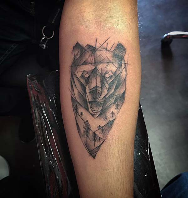 geometric bear tattoo arm