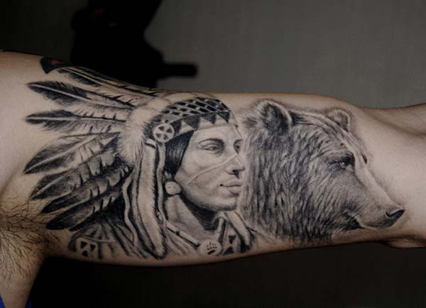 native american and bear tattoo