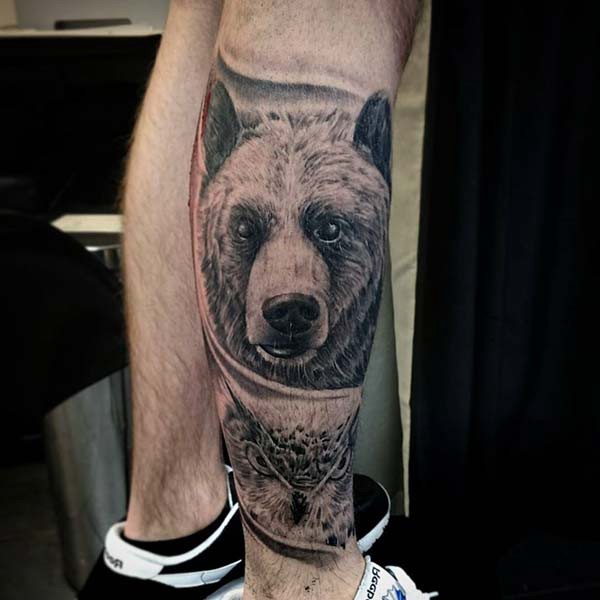 bear portrait foot tattoo