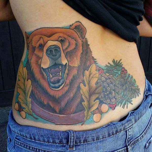 belly waist tattoo bear portrait