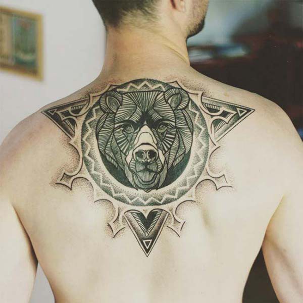 back tattoo bear portrait