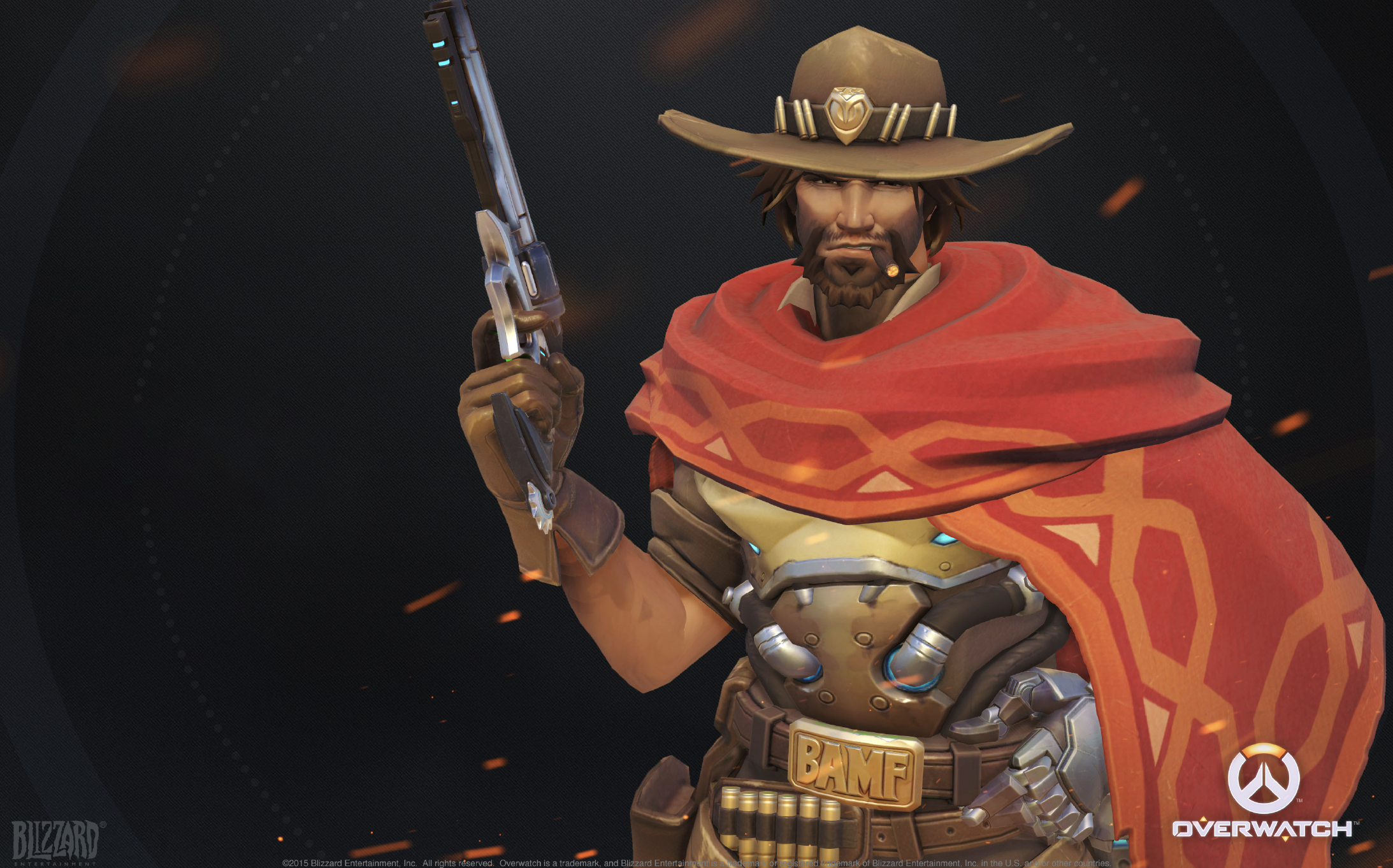 Jesse McCree Referenc guide displays McCree in hi default pose, featuring most of the major elements of the cosplay cosutme.