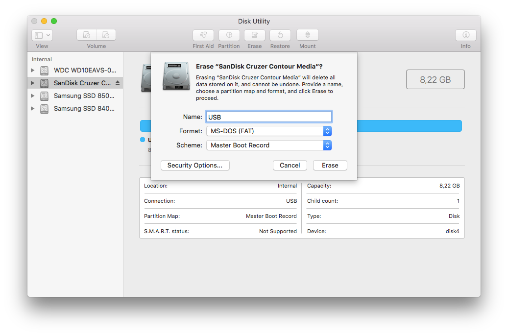Screenshot of the ?Disk Utility? app showing the necessary parameters to erase a USB drive and make it bootable