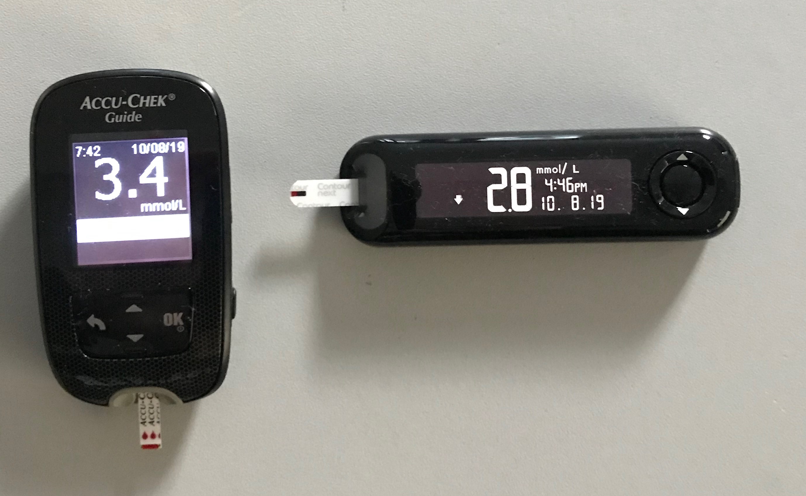 Two blood glucose meters, one showing 3.4 mmol/L and the other showing 2.8 mmol/L.