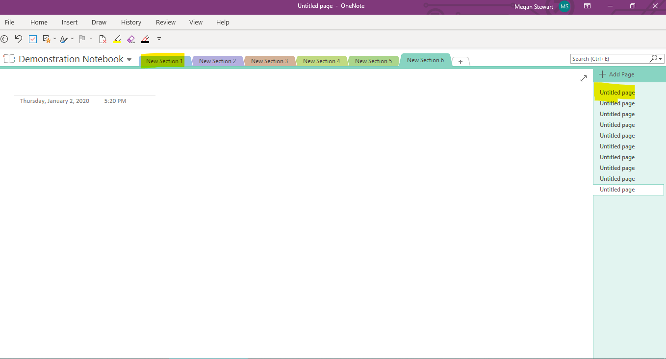 author screenshot of New Notebook in OneNote