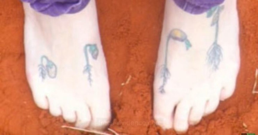 Tiffany Daniels has tattoos of a seed growth progression from seedling to bloom on both her feet.