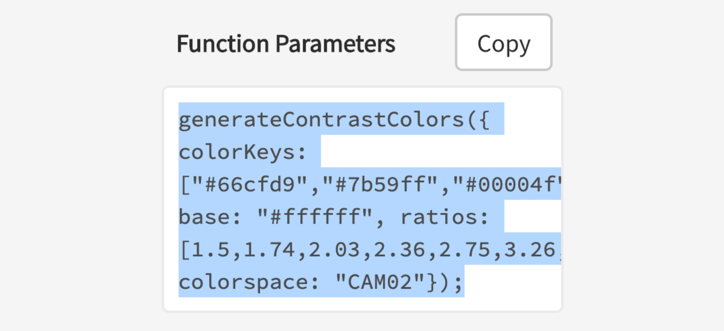Output of function parameters for Leonardo javascript module highlighted. Copy button displayed above the output.