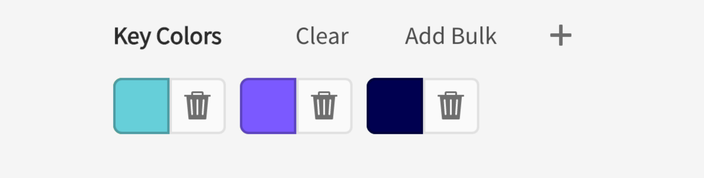Input for key colors. Options clear, add bulk, add. Delete buttons next to key colors teal, purple, deep purple