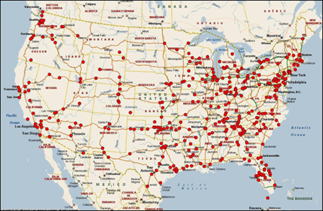 Map shows more than 500 cases in the FBI Highway Serial Killings Initiative database; red dots mark where bodies were found.