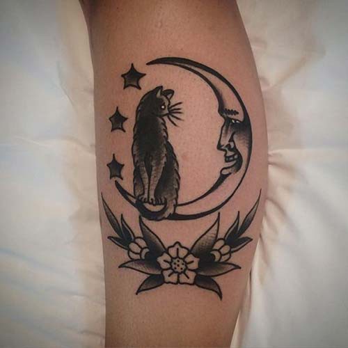 crescent moon and cat tattoo 2