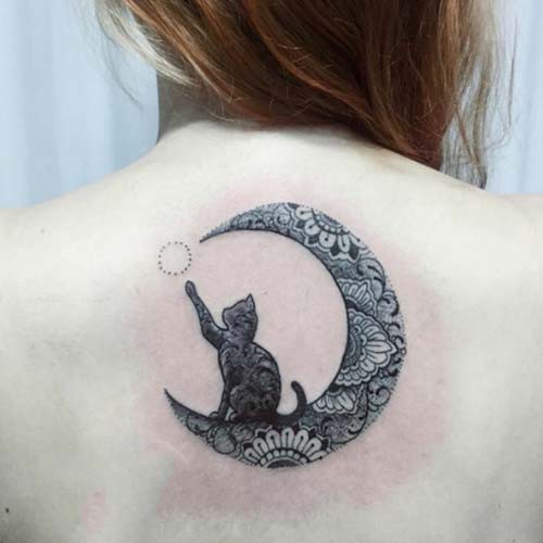 crescent moon and black cat tattoo