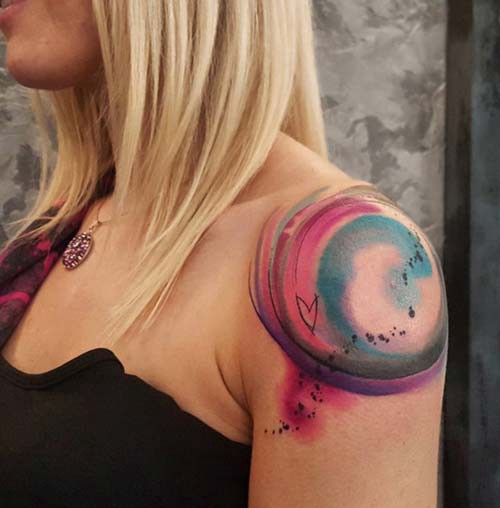 colorful round women shoulder tattoos watercolor circle woman shoulder tattoos