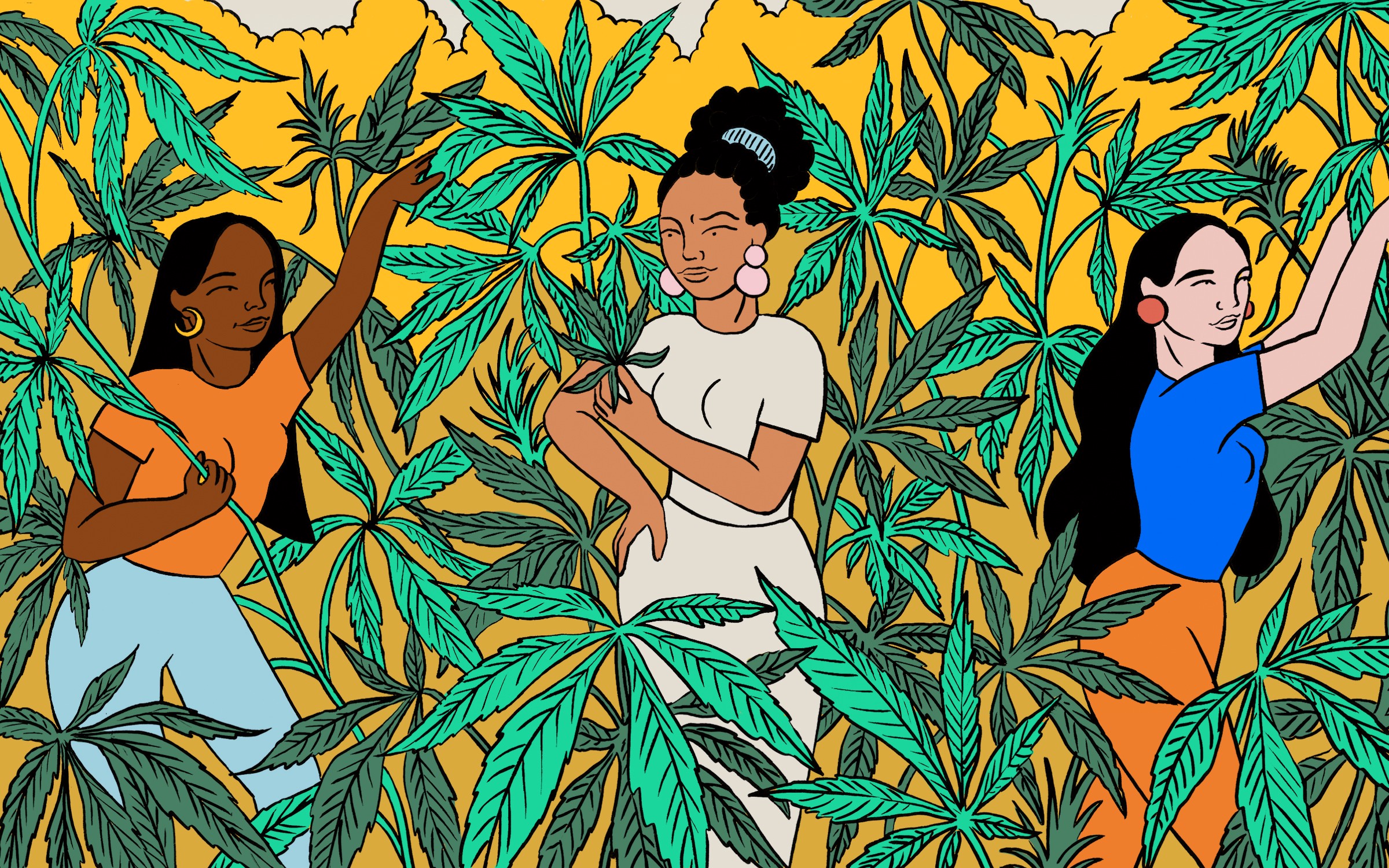 An illustration of three women surrounded by the cannabis plant all around them.