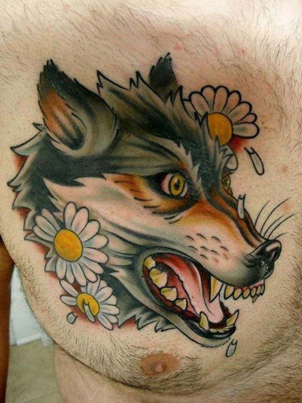daisy flower wolf tattoo