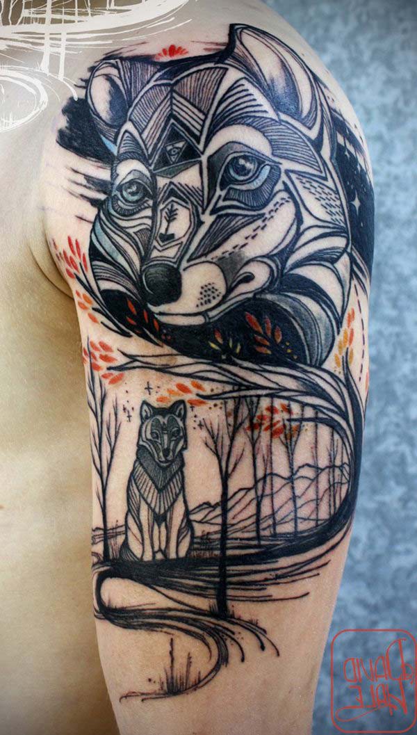 wolf and forest tattoo
