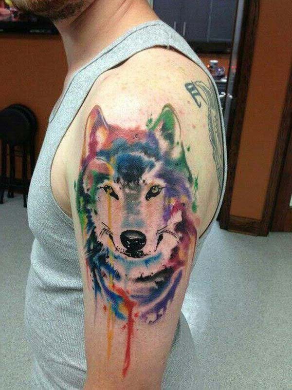 watercolor colorful wolf tattoo