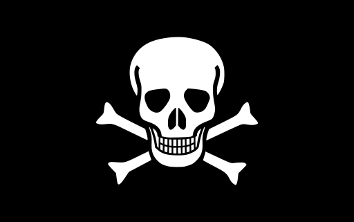 Black Jolly Roger flag featuring skull and bones crossed behind