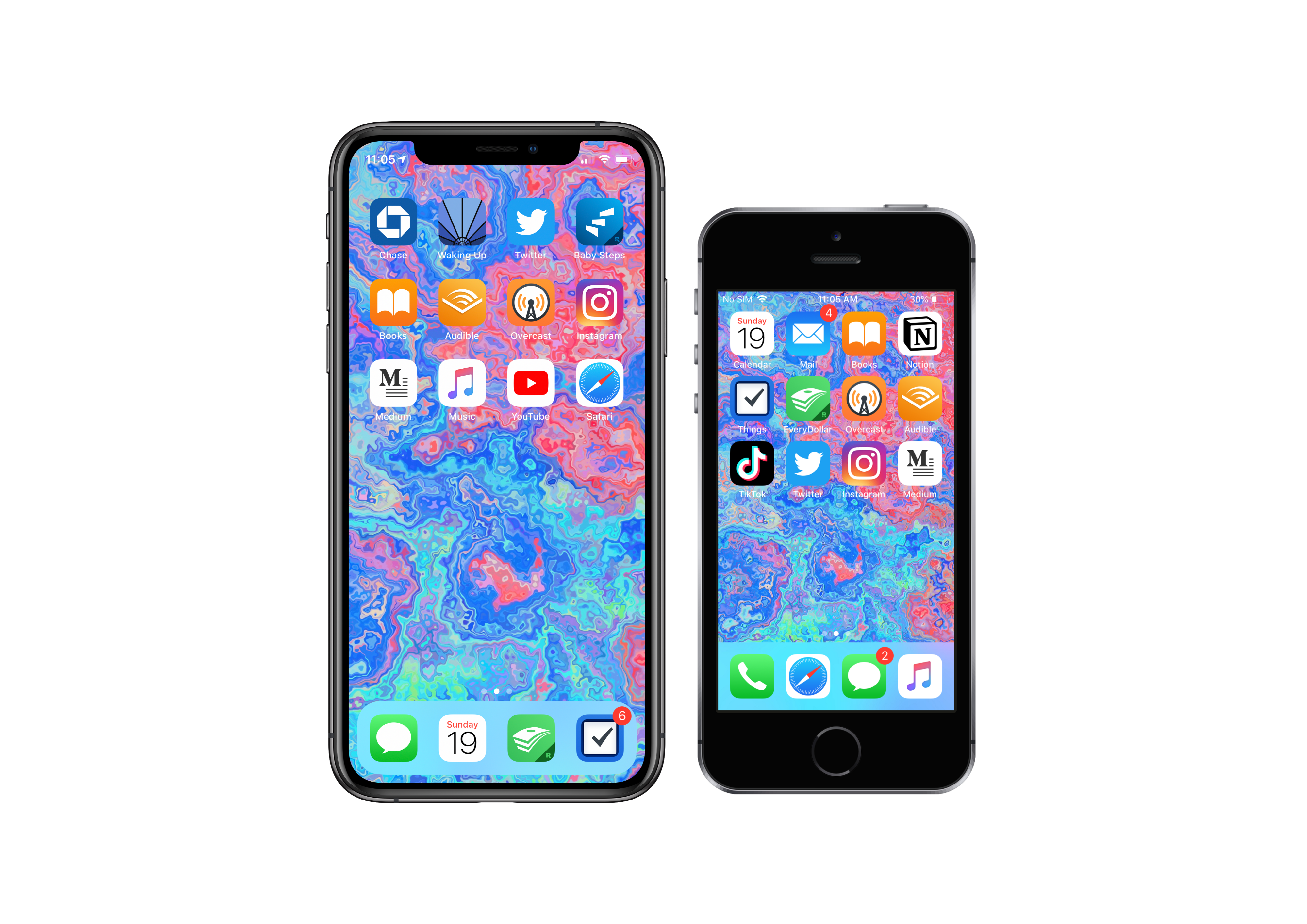 iPhone 11 Pro on the right and iPhone 5s on the left showing the homescreen.