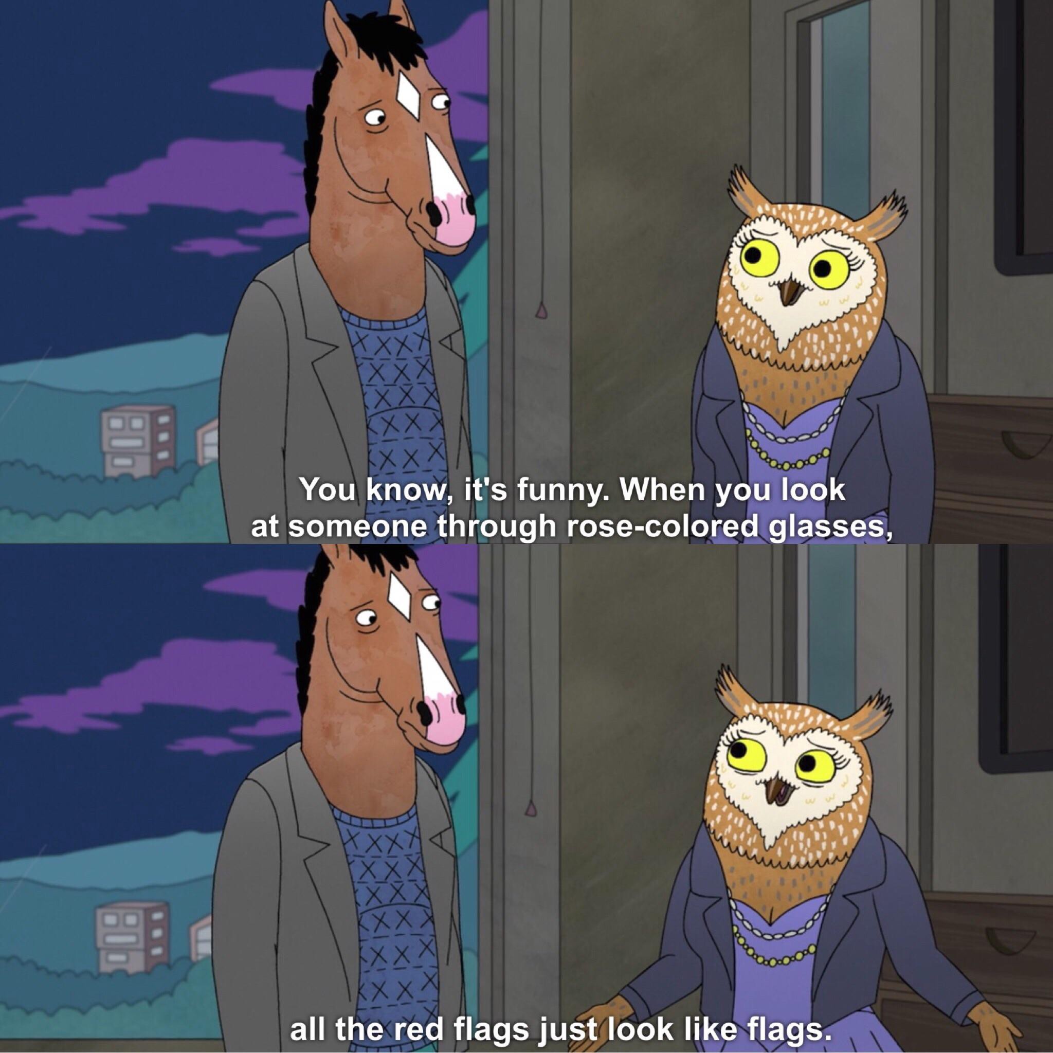 A screencap of the scene from Bojack Horseman where Wanda the owl says the line with the rose-colored glasses and red flags.