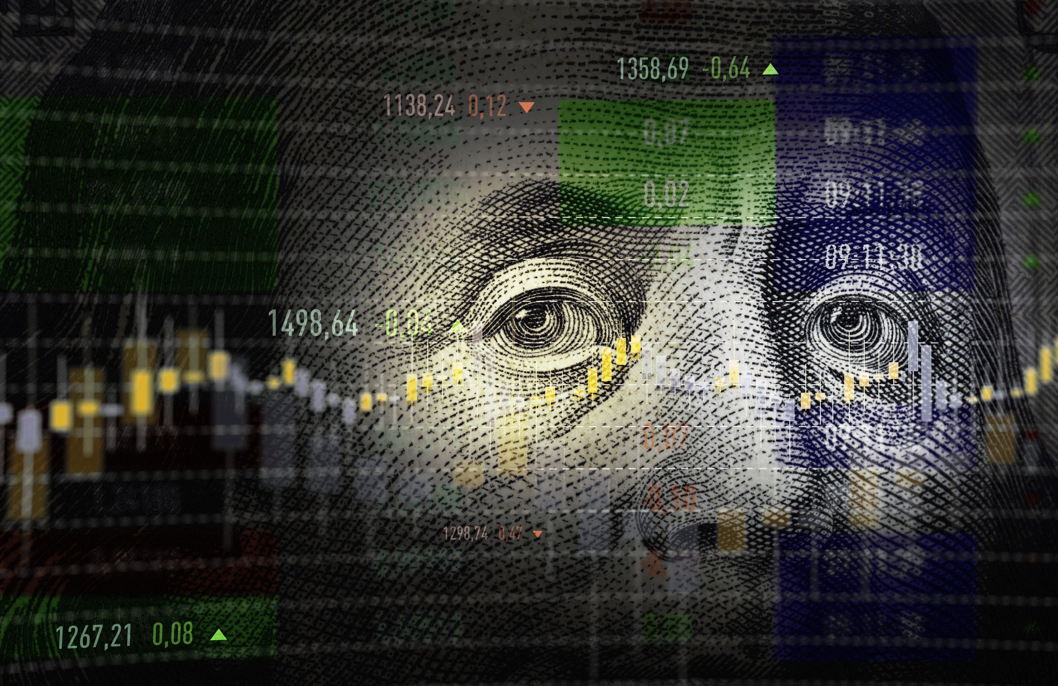 A photo illustration of a generic stock financial data analysis graph superimposed  over a close up  $100 US  dollar bill.